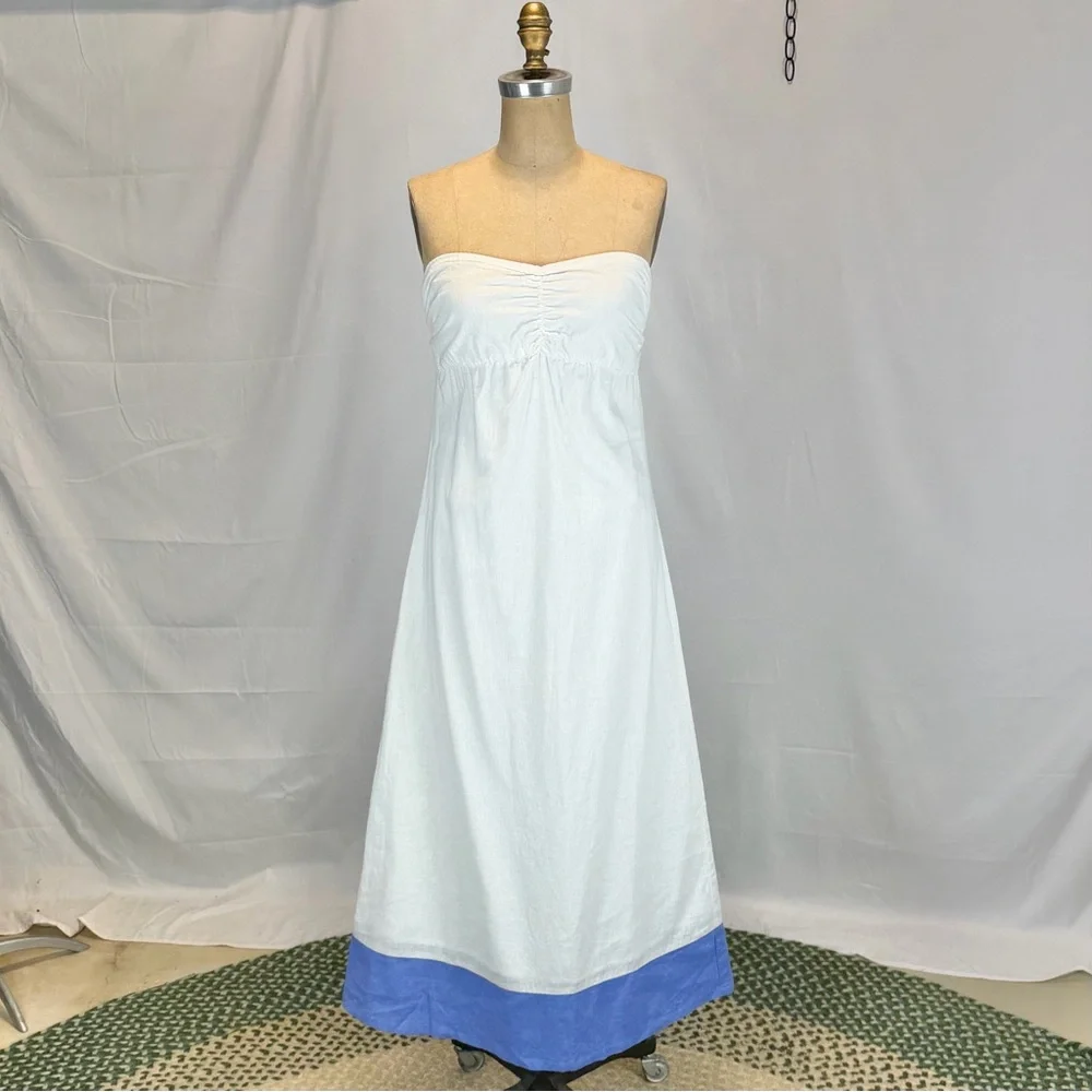VINTAGE Tommy Bahama linen cotton‎ strapless dress long maxi smocked bow waist
